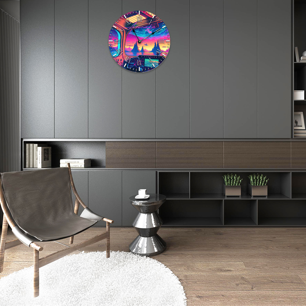 Planet Vaporwave - Round Non-ticking Wooden Wall Clock